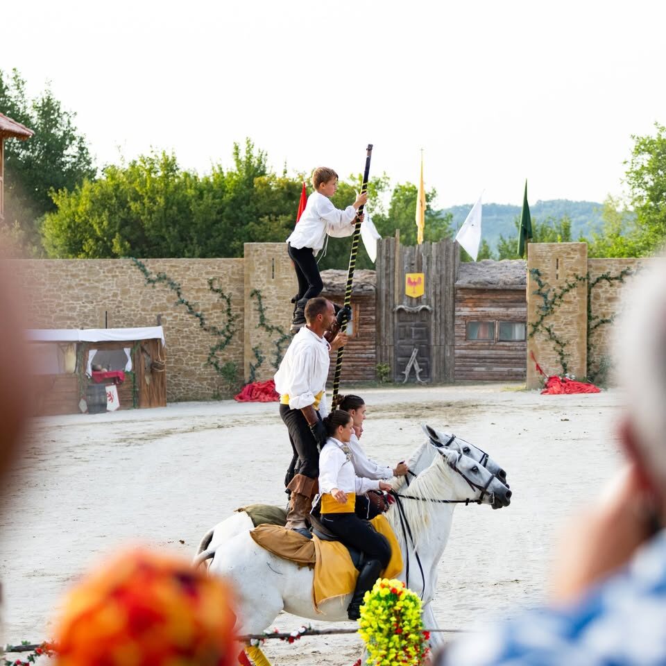 Pyramide de cascadeurs sur un cheval, spectacle Légende des Écuyers